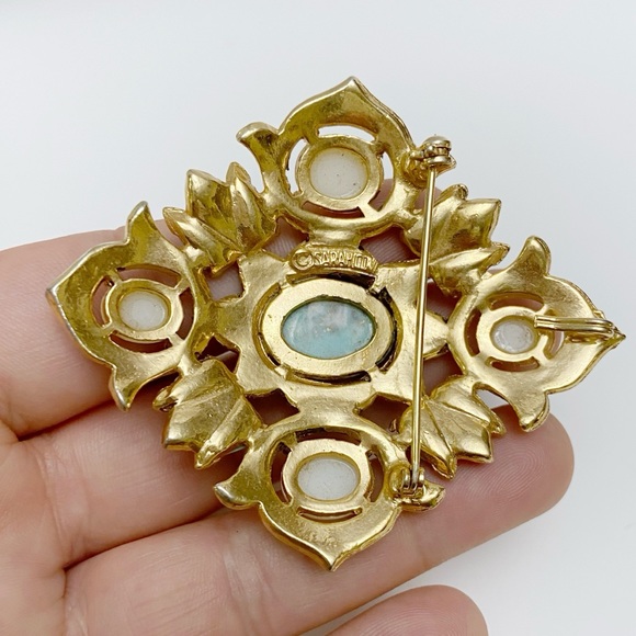 Vintage 1960s Sarah Coventry Signed Faux Pearl Foil Turquoise Cabochon Brooch - Picture 6 of 7